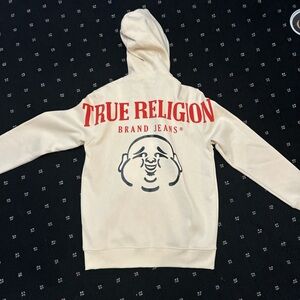 True Religion Cream Hoodie with Red and Black Accents